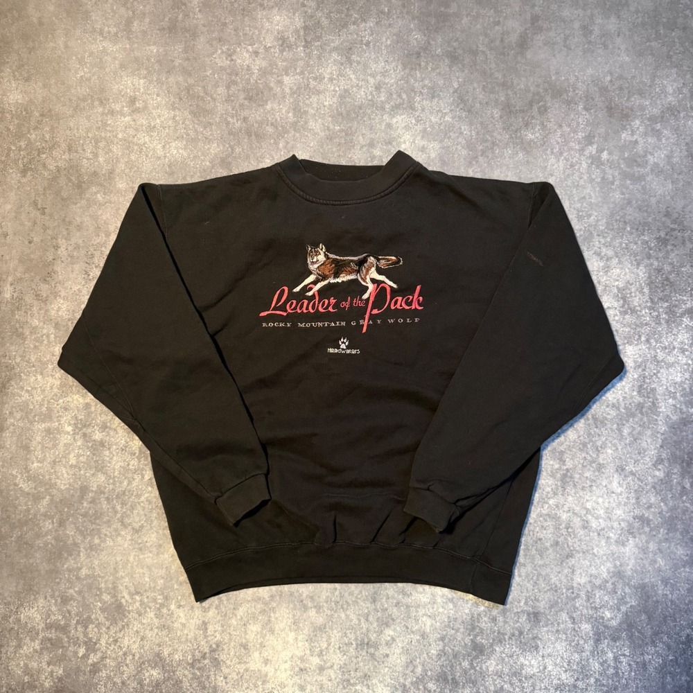 Vintage Wolf Crewneck Sweatshirt Mens‎ XL Black Embroidered Headwaters